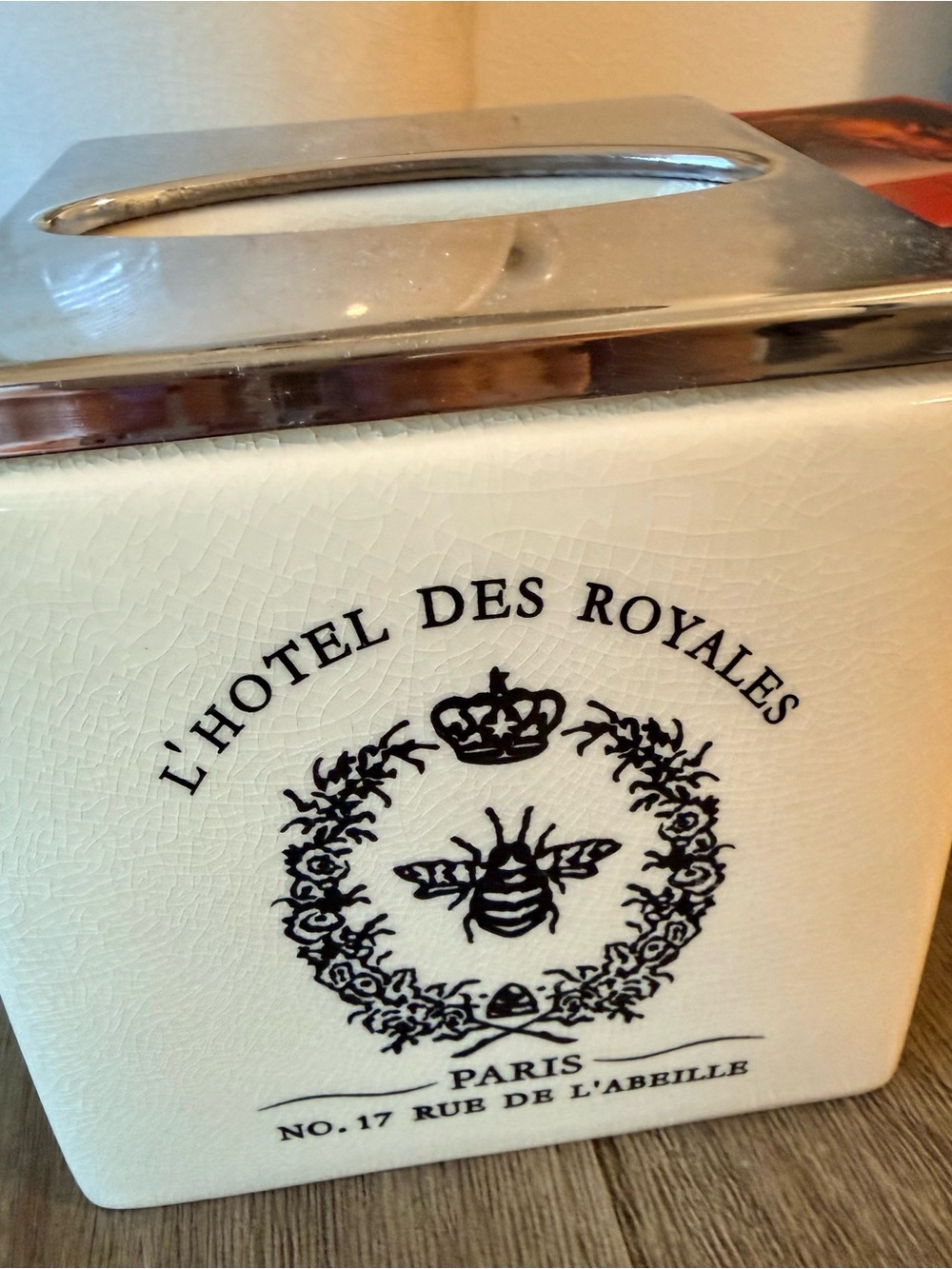 Cream Ceramic Tissue Box with Silver-Tone Lid and Parisian Bee Design